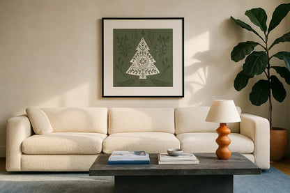 Holiday Form VI by Anne Tavoletti. Displayed in a glass frame with matte in a clean modern living room. Available as an archival giclee rolled canvas, fine art paper, or poster print. SKU 95875a.