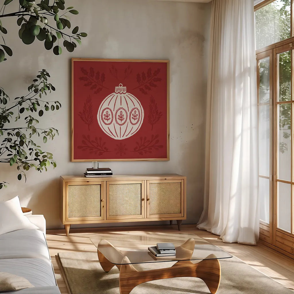 Holiday Form VIII by Anne Tavoletti. Shown in a natural wood frame in a cozy modern living room. Available as an archival giclee rolled canvas, fine art paper, or poster print. SKU 95879a.