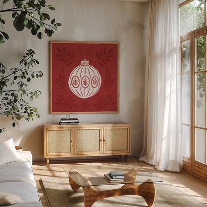 Holiday Form VIII by Anne Tavoletti. Shown in a natural wood frame in a cozy modern living room. Available as an archival giclee rolled canvas, fine art paper, or poster print. SKU 95879a.