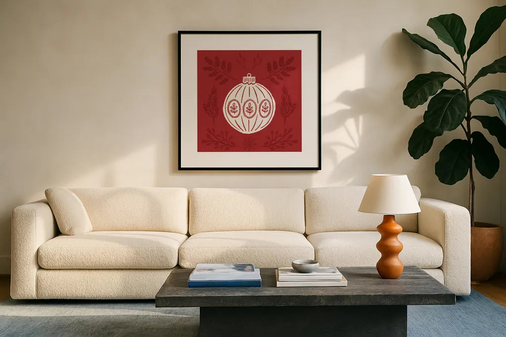 Holiday Form VIII by Anne Tavoletti. Displayed in a glass frame with matte in a clean modern living room. Available as an archival giclee rolled canvas, fine art paper, or poster print. SKU 95879a.