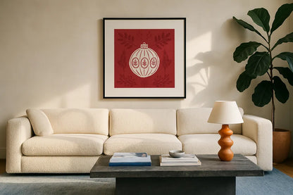 Holiday Form VIII by Anne Tavoletti. Displayed in a glass frame with matte in a clean modern living room. Available as an archival giclee rolled canvas, fine art paper, or poster print. SKU 95879a.