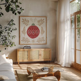 Holiday Form VIII Color by Anne Tavoletti. Shown in a natural wood frame in a cozy modern living room. Available as an archival giclee rolled canvas, fine art paper, or poster print. SKU 95880a.