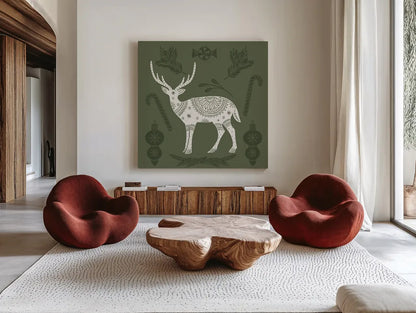 Holiday Form X by Anne Tavoletti. Shown as extra-large giant wall art in a modern living room. Available as an archival giclee rolled canvas, fine art paper, or poster print. SKU 95883a.