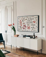 Holiday Fun I by Anne Tavoletti. shown as a framed stretched canvas in a living room above a console. Available as a archival giclee rolled canvas, fine art paper, or poster print. SKU 84455i.