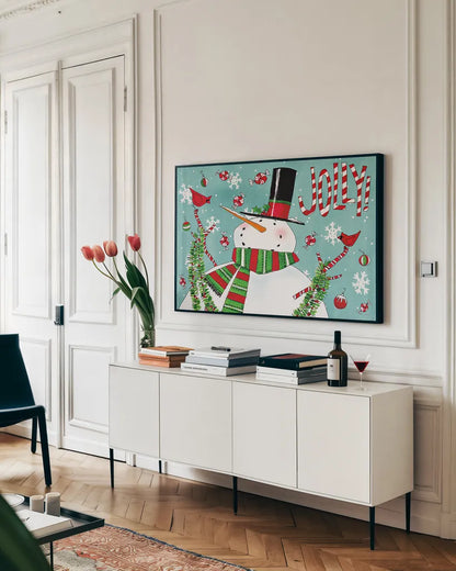 Holiday Joy I by Anne Tavoletti. shown as a framed stretched canvas in a living room above a console. Available as a archival giclee rolled canvas, fine art paper, or poster print. SKU 53560i.
