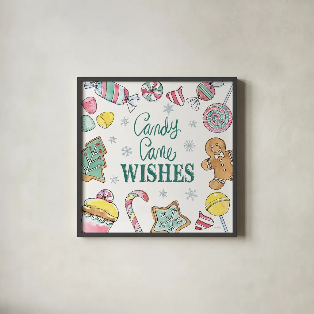 Holiday Trimmings VII by Anne Tavoletti. Shown in a sleek black glass frame for a contemporary gallery look. Available as an archival giclee rolled canvas, fine art paper, or poster print. SKU 78094a.