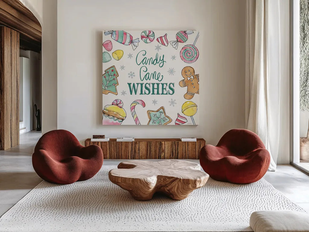 Holiday Trimmings VII by Anne Tavoletti. Shown as extra-large giant wall art in a modern living room. Available as an archival giclee rolled canvas, fine art paper, or poster print. SKU 78094a.