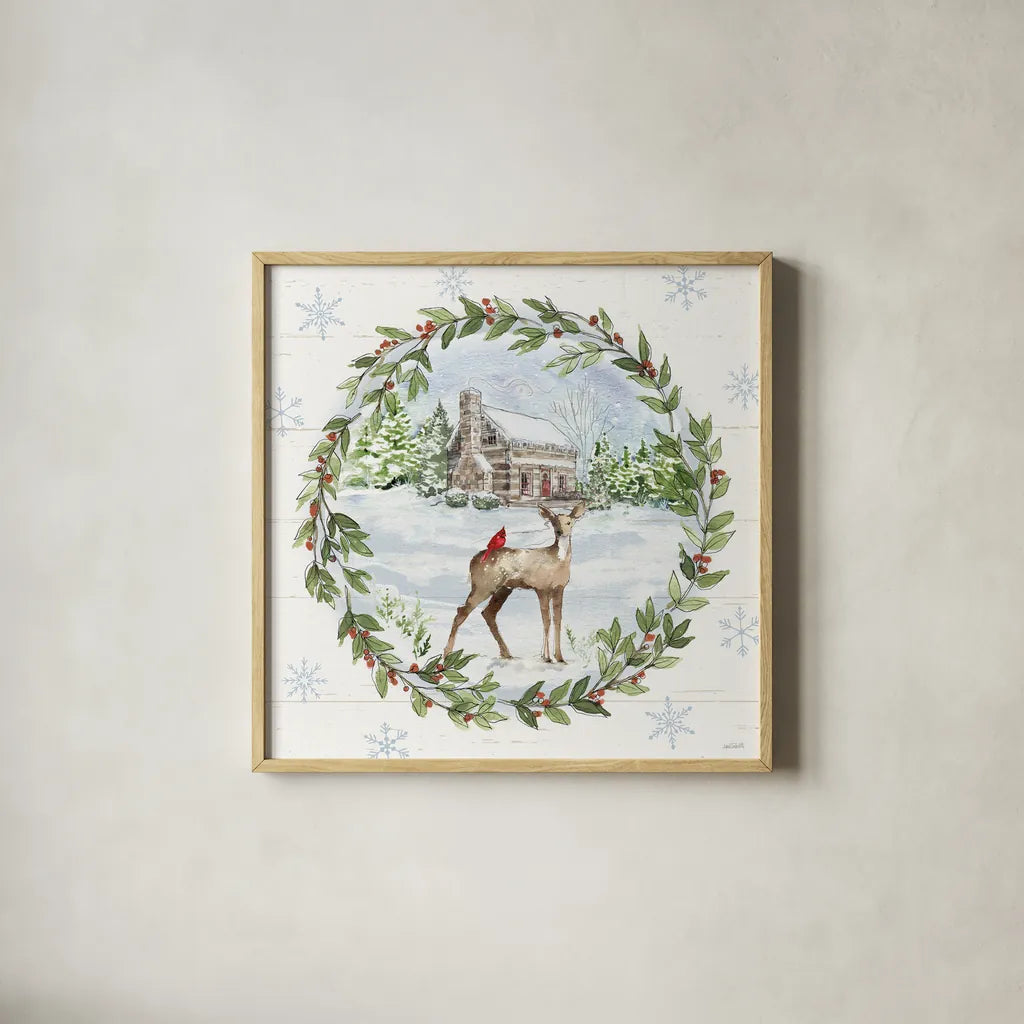 Holiday Vignette II by Anne Tavoletti. Shown in a natural wood glass frame for a timeless modern aesthetic. Available as an archival giclee rolled canvas, fine art paper, or poster print. SKU 76503a.
