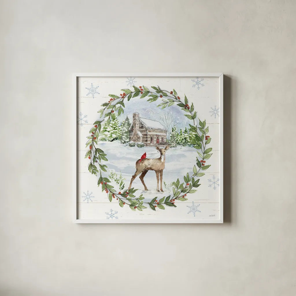 Holiday Vignette II by Anne Tavoletti. Shown in a crisp white glass frame for a clean and minimalist style. Available as an archival giclee rolled canvas, fine art paper, or poster print. SKU 76503a.