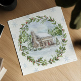 Holiday Vignette II Cabin by Anne Tavoletti. Shown as a detailed flat fine art print, highlighting archival giclee quality. Available as an archival giclee rolled canvas, fine art paper, or poster print. SKU 89901a.