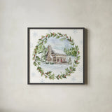 Holiday Vignette II Cabin by Anne Tavoletti. Shown in a sleek black glass frame for a contemporary gallery look. Available as an archival giclee rolled canvas, fine art paper, or poster print. SKU 89901a.