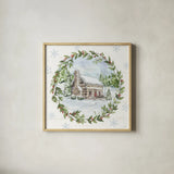 Holiday Vignette II Cabin by Anne Tavoletti. Shown in a natural wood glass frame for a timeless modern aesthetic. Available as an archival giclee rolled canvas, fine art paper, or poster print. SKU 89901a.