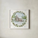 Holiday Vignette II Cabin by Anne Tavoletti. Shown in a crisp white glass frame for a clean and minimalist style. Available as an archival giclee rolled canvas, fine art paper, or poster print. SKU 89901a.