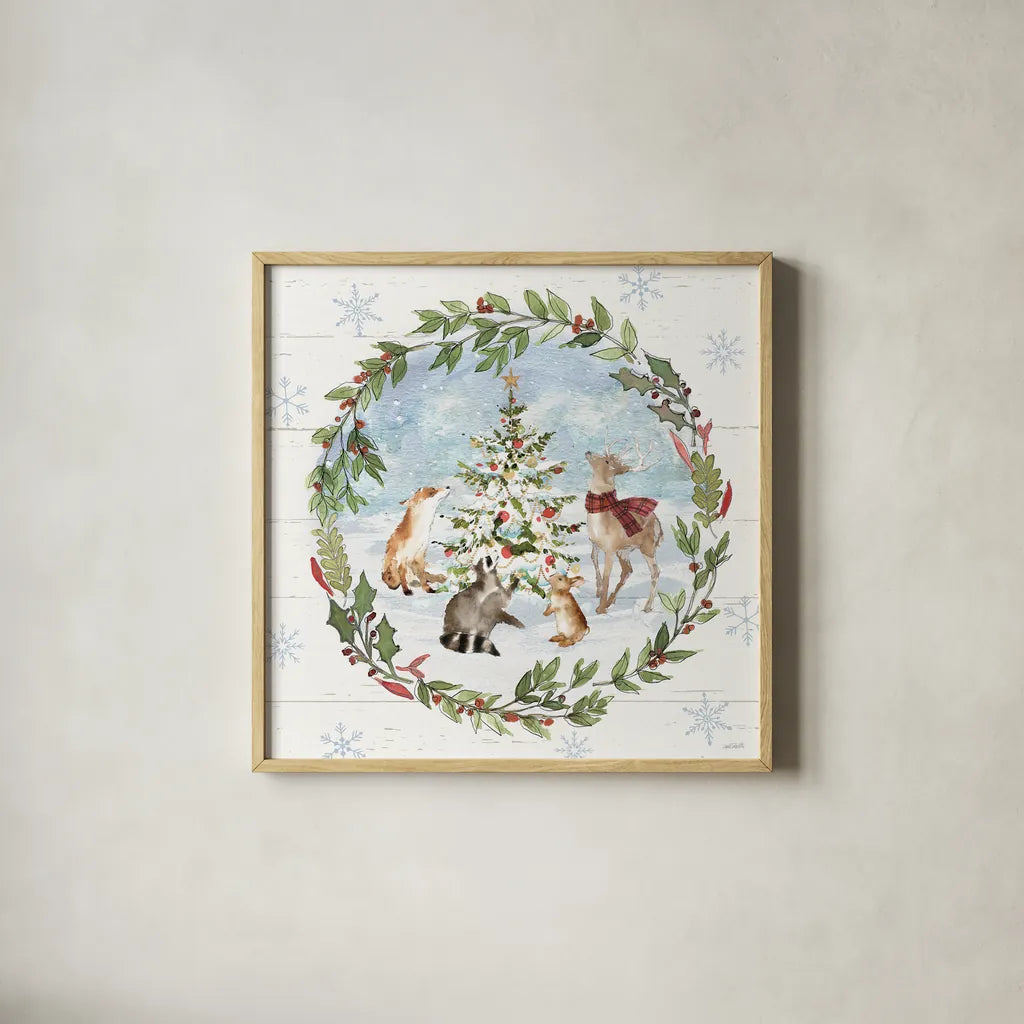 Holiday Vignette III by Anne Tavoletti. Shown in a natural wood glass frame for a timeless modern aesthetic. Available as an archival giclee rolled canvas, fine art paper, or poster print. SKU 76504a.