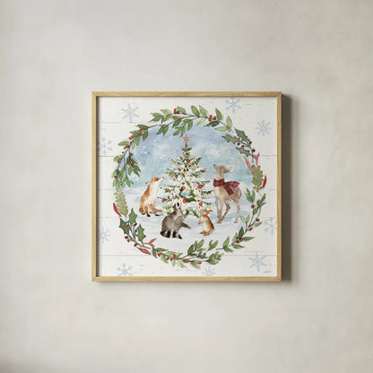 Holiday Vignette III by Anne Tavoletti. Shown in a natural wood glass frame for a timeless modern aesthetic. Available as an archival giclee rolled canvas, fine art paper, or poster print. SKU 76504a.