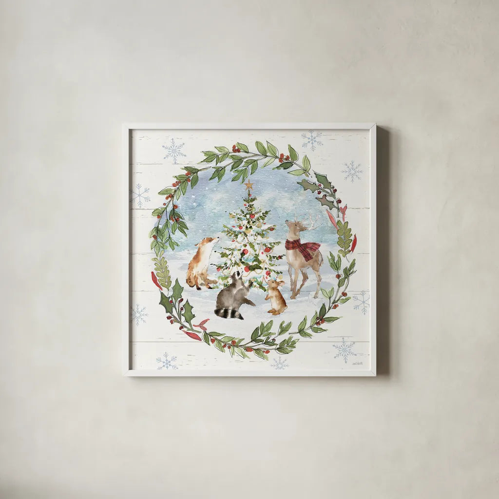 Holiday Vignette III by Anne Tavoletti. Shown in a crisp white glass frame for a clean and minimalist style. Available as an archival giclee rolled canvas, fine art paper, or poster print. SKU 76504a.