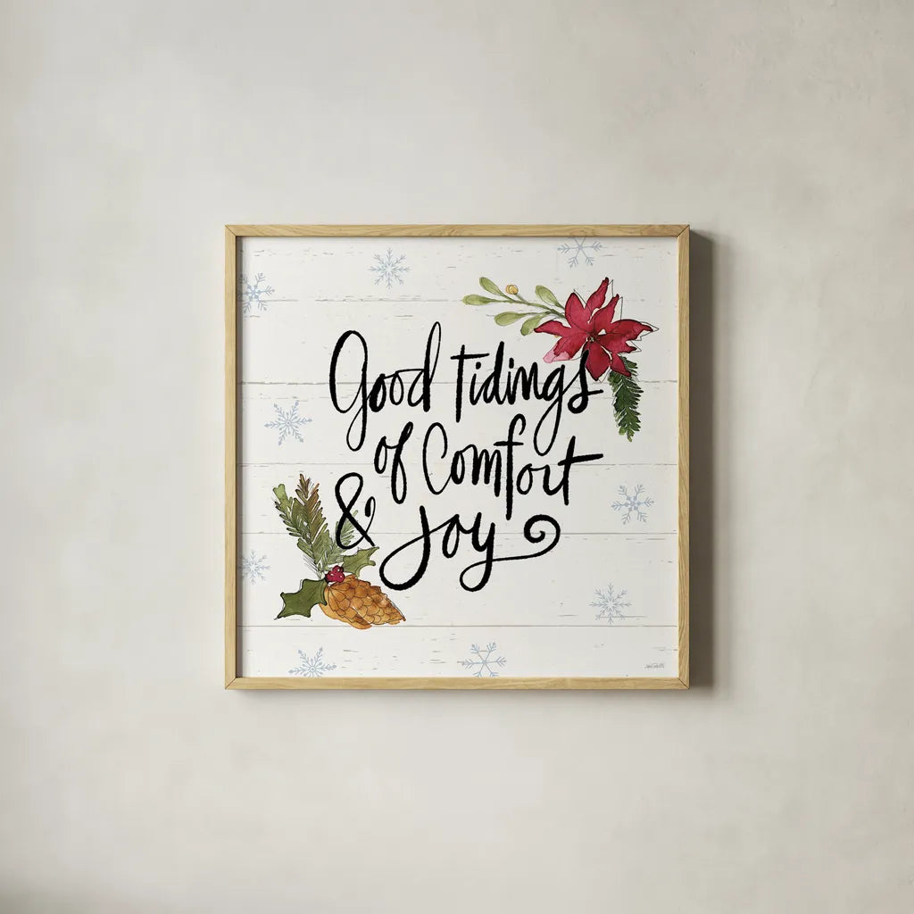 Holiday Vignette IX by Anne Tavoletti. Shown in a natural wood glass frame for a timeless modern aesthetic. Available as an archival giclee rolled canvas, fine art paper, or poster print. SKU 76510a.