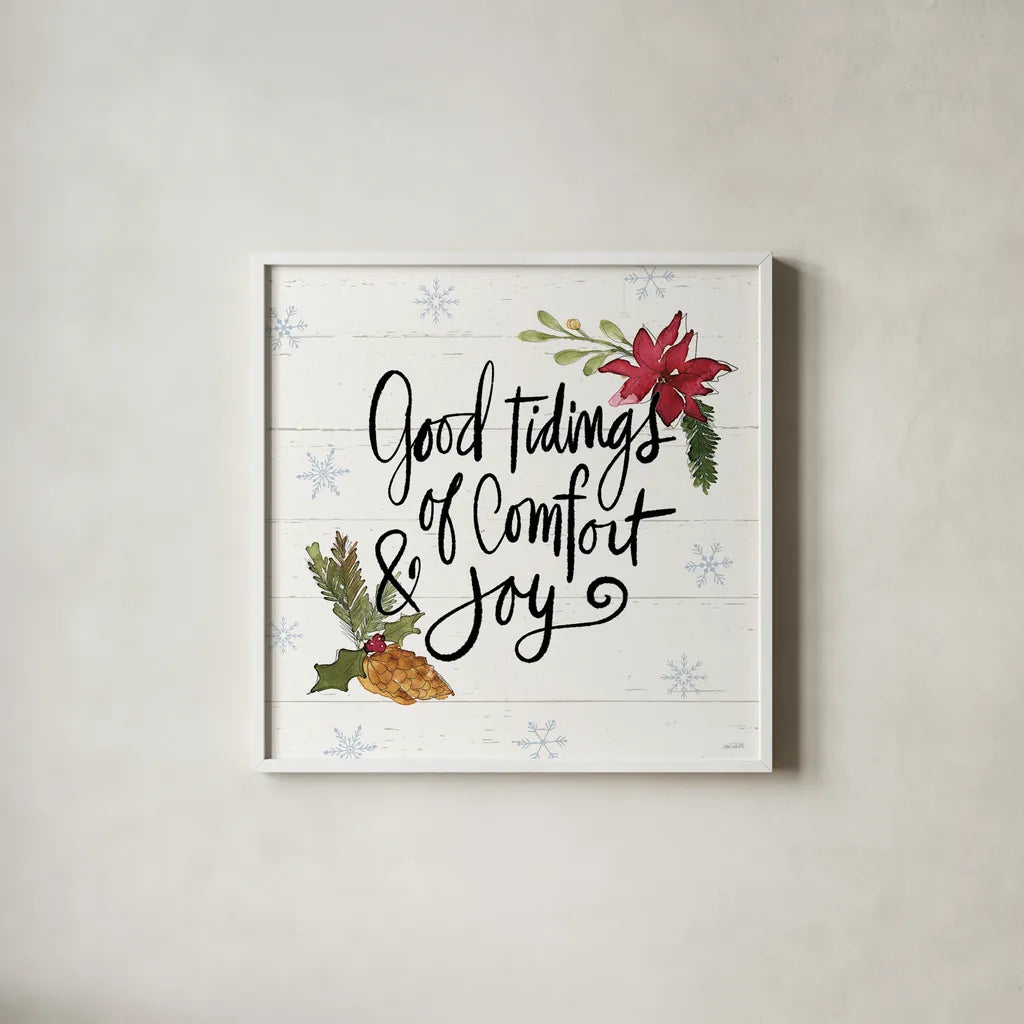 Holiday Vignette IX by Anne Tavoletti. Shown in a crisp white glass frame for a clean and minimalist style. Available as an archival giclee rolled canvas, fine art paper, or poster print. SKU 76510a.