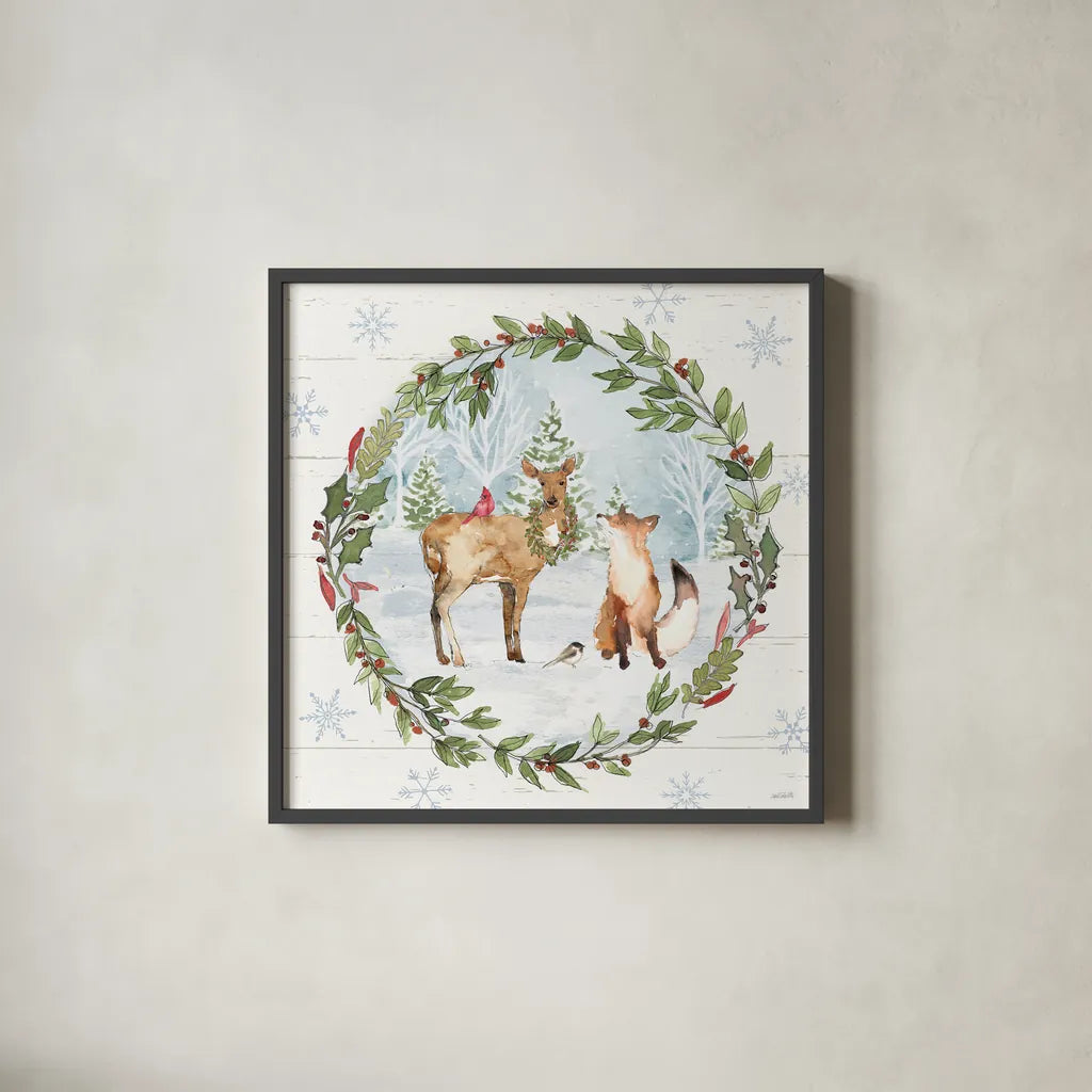 Holiday Vignette V by Anne Tavoletti. Shown in a sleek black glass frame for a contemporary gallery look. Available as an archival giclee rolled canvas, fine art paper, or poster print. SKU 76506a.