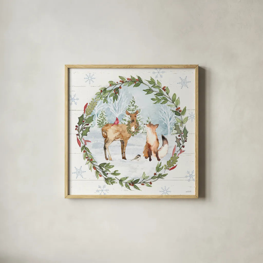 Holiday Vignette V by Anne Tavoletti. Shown in a natural wood glass frame for a timeless modern aesthetic. Available as an archival giclee rolled canvas, fine art paper, or poster print. SKU 76506a.