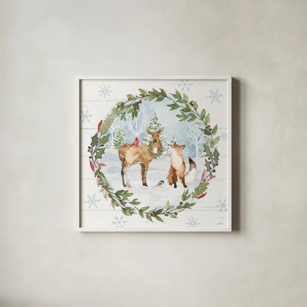 Holiday Vignette V by Anne Tavoletti. Shown in a crisp white glass frame for a clean and minimalist style. Available as an archival giclee rolled canvas, fine art paper, or poster print. SKU 76506a.