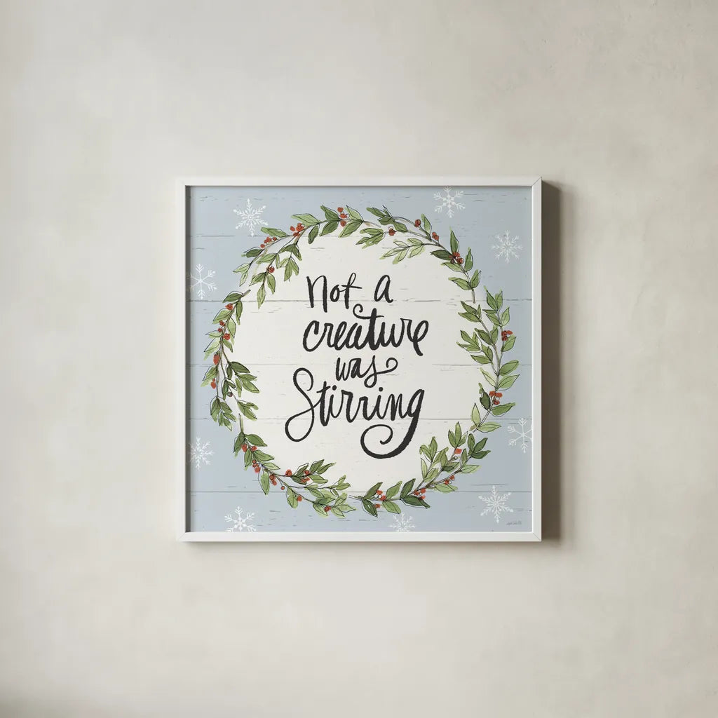 Holiday Vignette VI by Anne Tavoletti. Shown in a crisp white glass frame for a clean and minimalist style. Available as an archival giclee rolled canvas, fine art paper, or poster print. SKU 76507a.