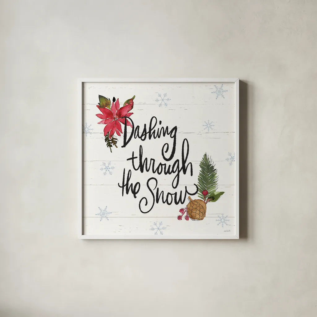 Holiday Vignette VIII by Anne Tavoletti. Shown in a crisp white glass frame for a clean and minimalist style. Available as an archival giclee rolled canvas, fine art paper, or poster print. SKU 76509a.