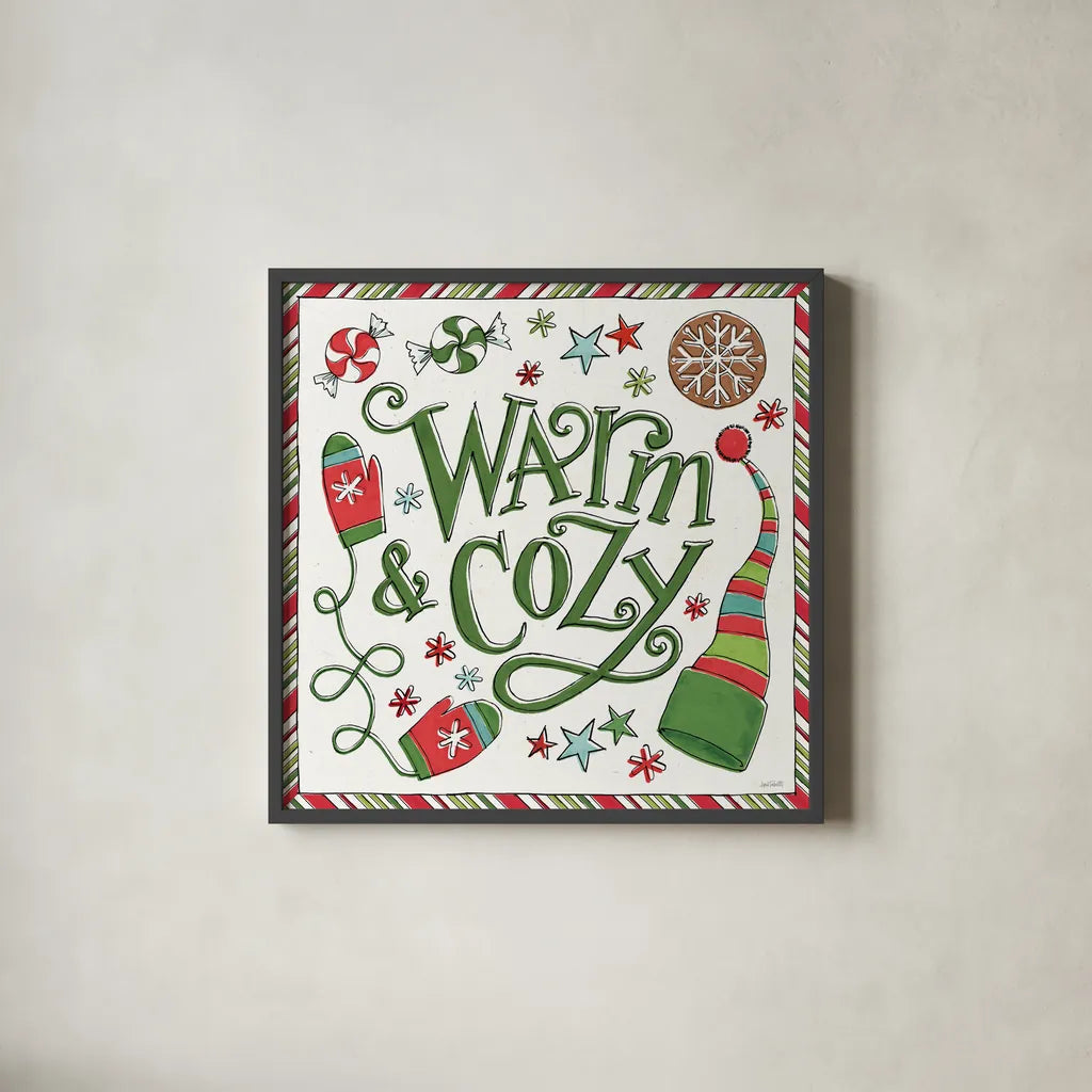 Holiday Whimsy II by Anne Tavoletti. Shown in a sleek black glass frame for a contemporary gallery look. Available as an archival giclee rolled canvas, fine art paper, or poster print. SKU 77279a.