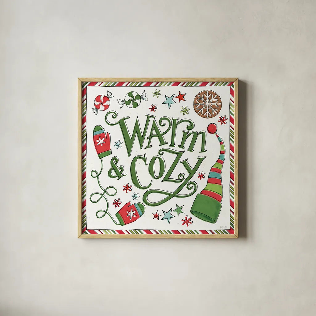 Holiday Whimsy II by Anne Tavoletti. Shown in a natural wood glass frame for a timeless modern aesthetic. Available as an archival giclee rolled canvas, fine art paper, or poster print. SKU 77279a.