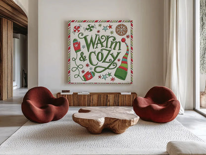 Holiday Whimsy II by Anne Tavoletti. Shown as extra-large giant wall art in a modern living room. Available as an archival giclee rolled canvas, fine art paper, or poster print. SKU 77279a.