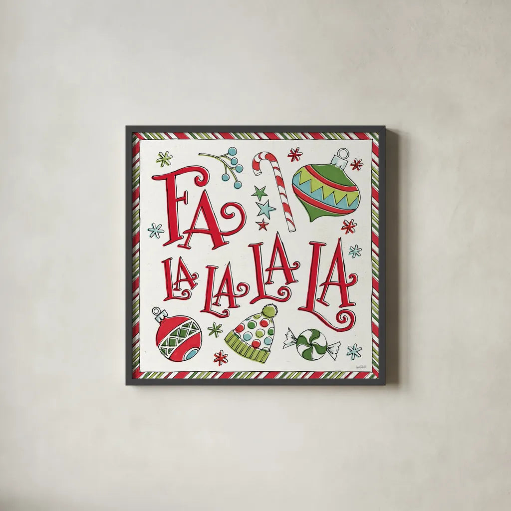 Holiday Whimsy III by Anne Tavoletti. Shown in a sleek black glass frame for a contemporary gallery look. Available as an archival giclee rolled canvas, fine art paper, or poster print. SKU 77280a.