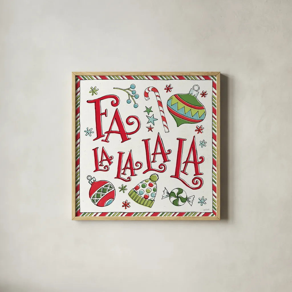 Holiday Whimsy III by Anne Tavoletti. Shown in a natural wood glass frame for a timeless modern aesthetic. Available as an archival giclee rolled canvas, fine art paper, or poster print. SKU 77280a.