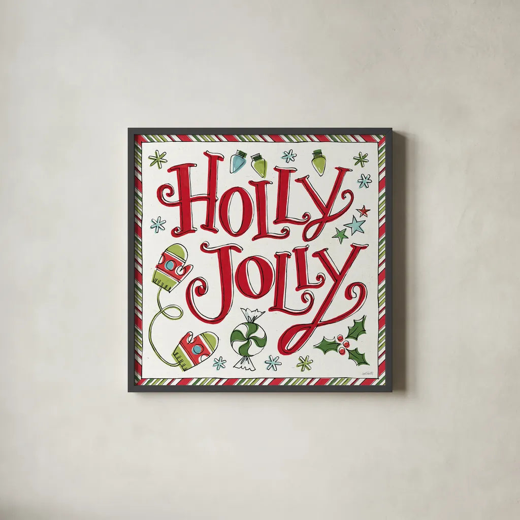 Holiday Whimsy IV by Anne Tavoletti. Shown in a sleek black glass frame for a contemporary gallery look. Available as an archival giclee rolled canvas, fine art paper, or poster print. SKU 77281a.