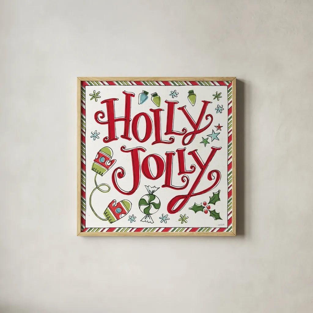 Holiday Whimsy IV by Anne Tavoletti. Shown in a natural wood glass frame for a timeless modern aesthetic. Available as an archival giclee rolled canvas, fine art paper, or poster print. SKU 77281a.