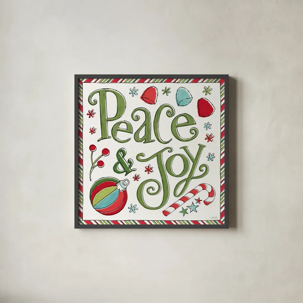 Holiday Whimsy V by Anne Tavoletti. Shown in a sleek black glass frame for a contemporary gallery look. Available as an archival giclee rolled canvas, fine art paper, or poster print. SKU 77282a.