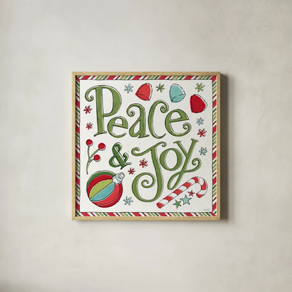 Holiday Whimsy V by Anne Tavoletti. Shown in a natural wood glass frame for a timeless modern aesthetic. Available as an archival giclee rolled canvas, fine art paper, or poster print. SKU 77282a.