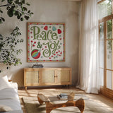Holiday Whimsy V by Anne Tavoletti. Shown in a natural wood frame in a cozy modern living room. Available as an archival giclee rolled canvas, fine art paper, or poster print. SKU 77282a.