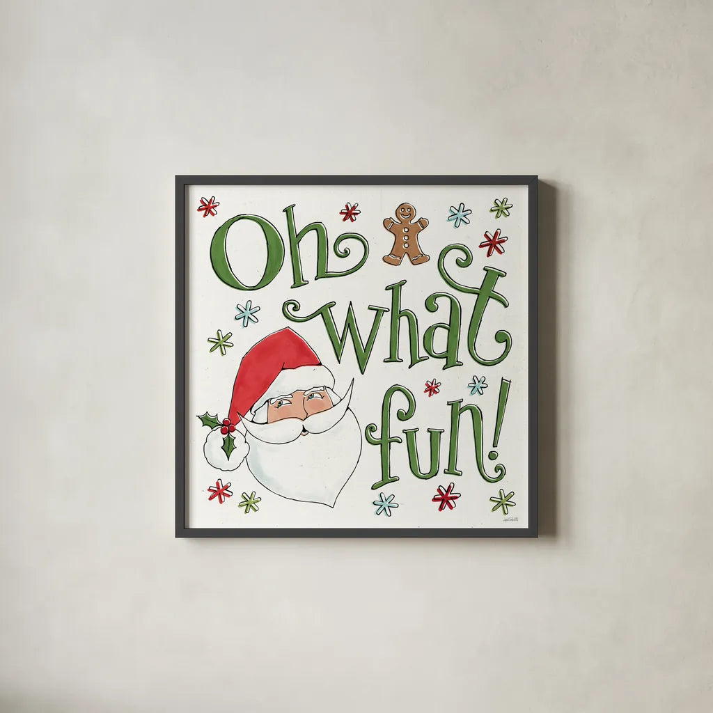 Holiday Whimsy VI by Anne Tavoletti. Shown in a sleek black glass frame for a contemporary gallery look. Available as an archival giclee rolled canvas, fine art paper, or poster print. SKU 77283a.