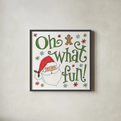 Holiday Whimsy VI by Anne Tavoletti. Shown in a sleek black glass frame for a contemporary gallery look. Available as an archival giclee rolled canvas, fine art paper, or poster print. SKU 77283a.