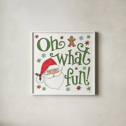 Holiday Whimsy VI by Anne Tavoletti. Shown in a crisp white glass frame for a clean and minimalist style. Available as an archival giclee rolled canvas, fine art paper, or poster print. SKU 77283a.