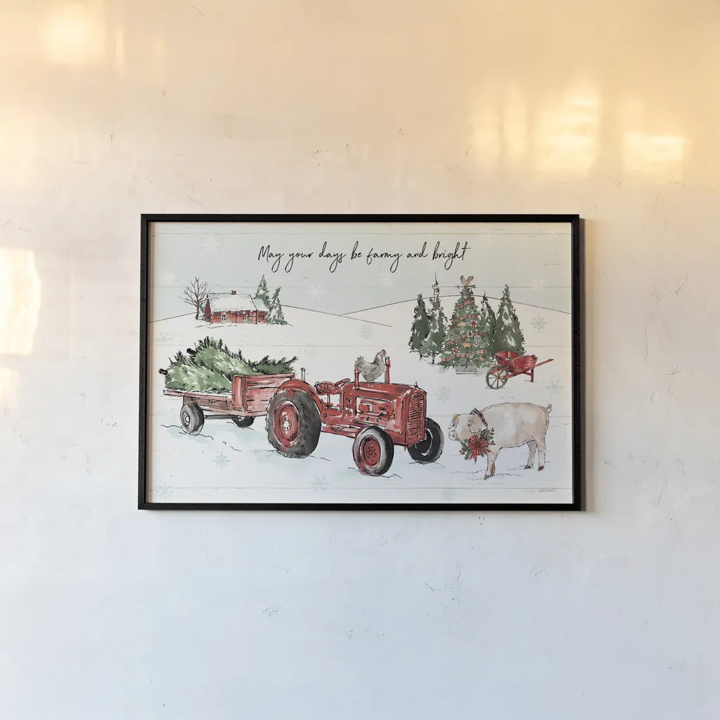 Holiday on the Farm I Farmy and Bright by Anne Tavoletti. shown as a paper print in a black flame. Available as a archival giclee rolled canvas, fine art paper, or poster print. SKU 38397i.