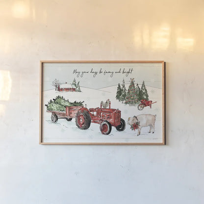Holiday on the Farm I Farmy and Bright by Anne Tavoletti. shown as a paper print in a natural frame. Available as a archival giclee rolled canvas, fine art paper, or poster print. SKU 38397i.