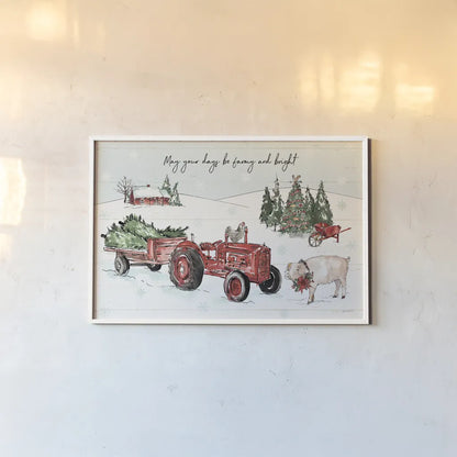 Holiday on the Farm I Farmy and Bright by Anne Tavoletti. shown as a paper print in a white frame. Available as a archival giclee rolled canvas, fine art paper, or poster print. SKU 38397i.