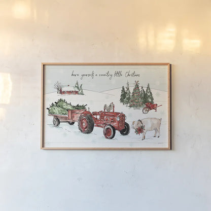 Holiday on the Farm I with Headlights by Anne Tavoletti. shown as a paper print in a natural frame. Available as a archival giclee rolled canvas, fine art paper, or poster print. SKU 46662i.