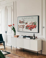 Holiday on the Farm II by Anne Tavoletti. shown as a framed stretched canvas in a living room above a console. Available as a archival giclee rolled canvas, fine art paper, or poster print. SKU 37272i.