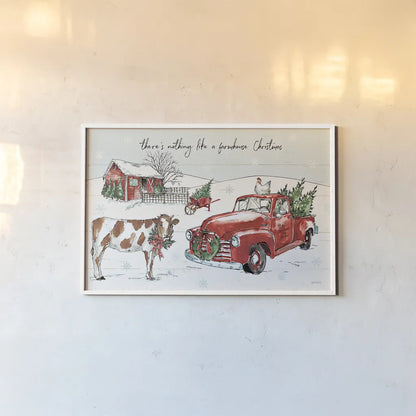 Holiday on the Farm II by Anne Tavoletti. shown as a paper print in a white frame. Available as a archival giclee rolled canvas, fine art paper, or poster print. SKU 37272i.