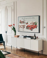 Holiday on the Farm II Believe by Anne Tavoletti. shown as a framed stretched canvas in a living room above a console. Available as a archival giclee rolled canvas, fine art paper, or poster print. SKU 38398i.