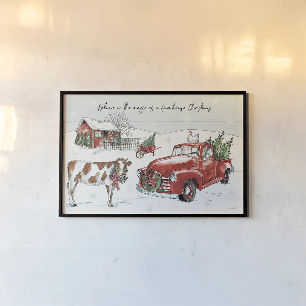 Holiday on the Farm II Believe by Anne Tavoletti. shown as a paper print in a black flame. Available as a archival giclee rolled canvas, fine art paper, or poster print. SKU 38398i.