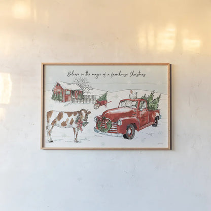 Holiday on the Farm II Believe by Anne Tavoletti. shown as a paper print in a natural frame. Available as a archival giclee rolled canvas, fine art paper, or poster print. SKU 38398i.