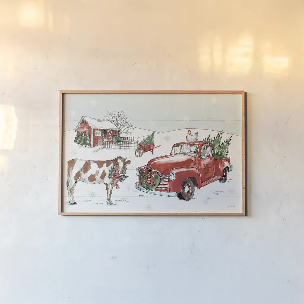 Holiday on the Farm II No Words by Anne Tavoletti. shown as a paper print in a natural frame. Available as a archival giclee rolled canvas, fine art paper, or poster print. SKU 81964i.